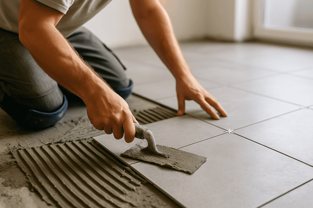 Tradesperson lays ceramic floor tiles with adhesive and spacers in a London property